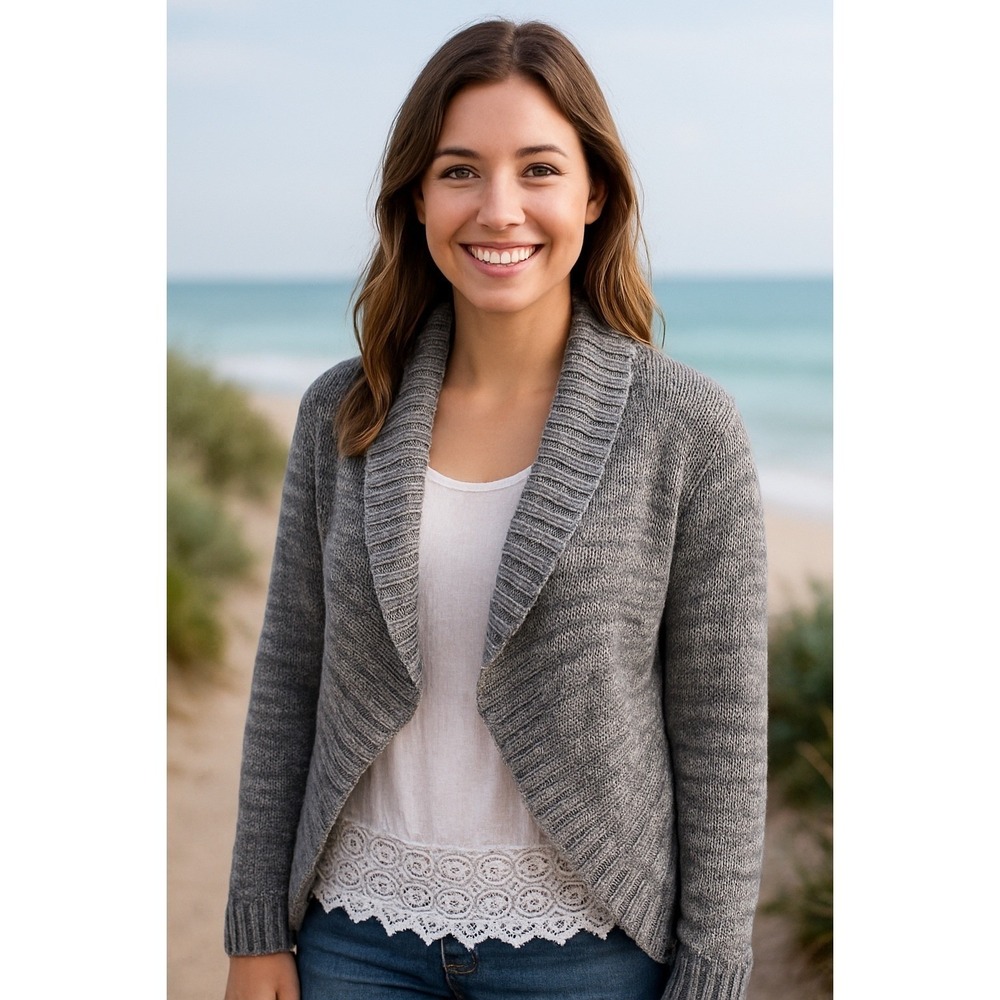 Roxy Boho Surf Open Front Shawl Collar Knit Cardigan Gray Sweater Women M - Picture 9 of 13